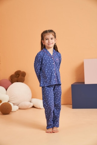 Pjs Kız Çocuk Kalpli Önden Düğmeli Gömlek Yaka Uzun Kollu Pijama Takım Mavı