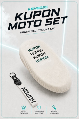 Kupon Yazılı Motosiklet Sele Kılıfı Ve Kumaş Anahtarlık Seti Beyaz Dekoratif