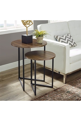 İkili Yuvarlak Doğal Ahşap Zigon Sehpa Siyah