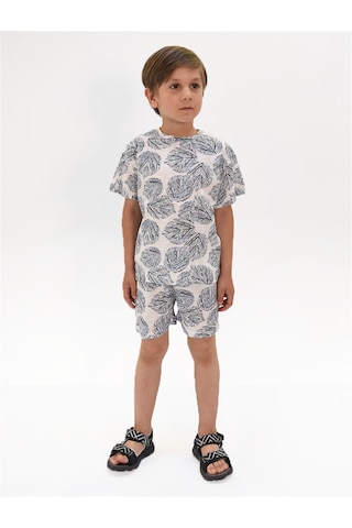 Luess Erkek Çocuk Yaprak Desenli Tshirt Şort Takım Beyaz - Mavi