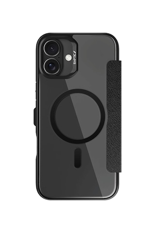 Apple Uyumlu iPhone 16 Kılıf Magsafe Vegan Deri Şeffaf Kartlıklı Raptic Urban Folio Serisi Kapak Siyah Siyah