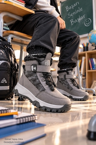 Muggo Tundy İçi Kürklü Cırtlı Ve Bağcıklı Unisex Çocuk Kar Botu Gri