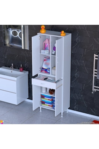 Eliusta Luma Kapaklı & Çekmeceli Banyo Dolabı 55 Cm Genişlikte Beyaz Dolap 55x173x32,5 Cm Depolama Dolabı Beyaz