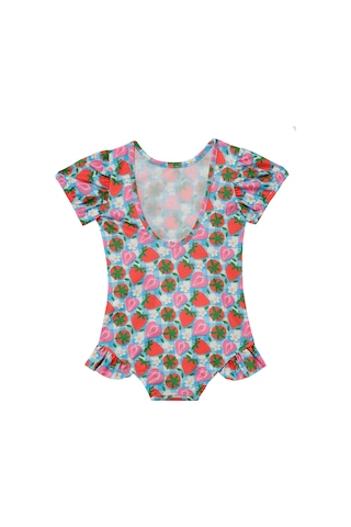 Uv Korumalı Kısa Kollu Tulum Kız Bebek Yüzücü Mayo Çilek Desen 5109 Mavi Mavi