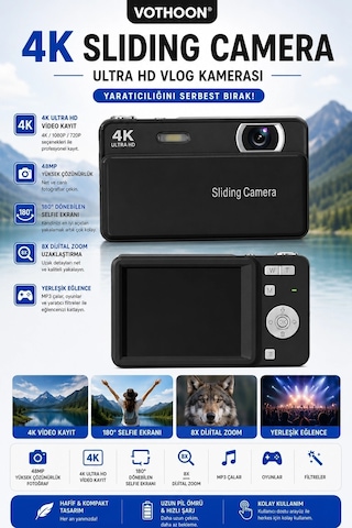 Dijital Kamera 4k Hd 48mp 8x Zoom Flaşlı Kayar Retro Video Kamera 2.4 Ekran 64gb Sd KartSiyah Najmaddin