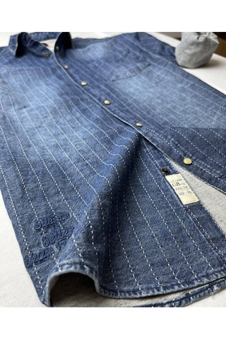 Slim Fit Saf Pamuk Denim Kumaş Kot Gömlek--laci Çizki Eskitme- Renkli