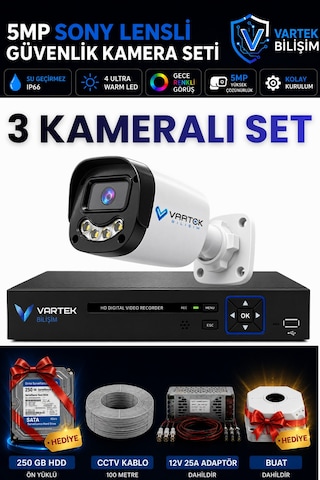 3 Kameralı Full Hd Güvenlik Kamera Seti 250gb Hdd 5mp Gece Renkli Görüşlü - Sabit Ip Gerektirmez