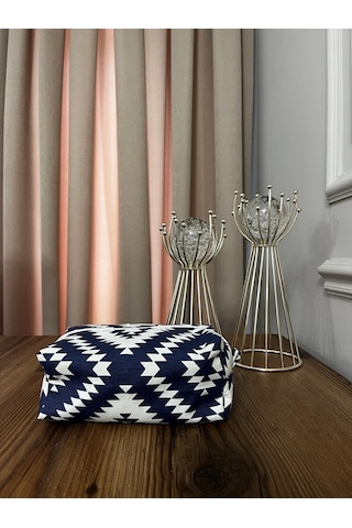 Etnik Zikzak Desenli Duck Kumaş Makyaj Çantası Navajo Tarzı Su Geçirmez Astarlı Seyahat Çantası Mavi