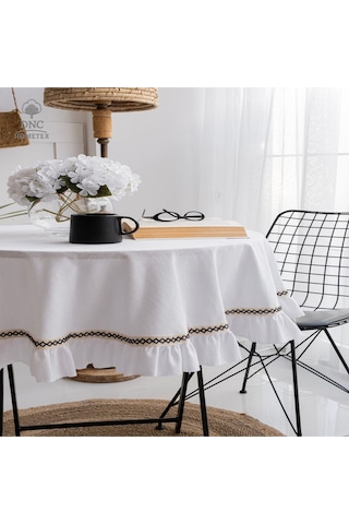 Dnc Home Tekstil Premium Keten Beyaz Fırfırlı Özel Seri Masa Örtüsü Beyaz