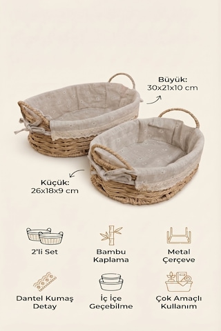 2 Li Oval Bambu Ekmek Sepeti Seti, Kulplu Metal Çerçeveli, Dantelli Çiçek Desenli Kumaş Kahverengi