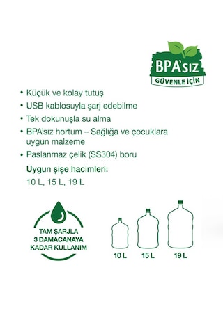 Bpa'sız Şarjlı Damacana Pompası Bpa'sız Boru 10l - 15l - 19l 1200 Mah Siyah