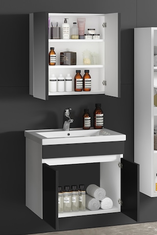 Çiğdem 55 Cm Beyaz-antrasit Gri Mdf Asma Banyo Dolabı Takımı Beyaz - Antrasit
