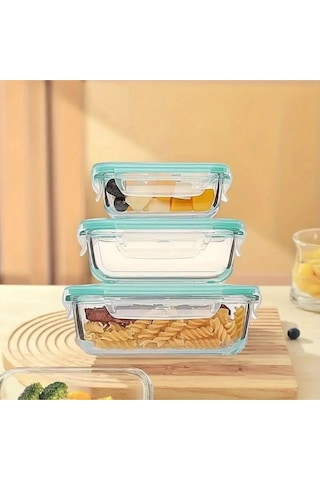 3 Lü Set 1520-1040ml-700ml Bor Cam Kilitli Vakumlu Dikdörtgen Hava Geçirmez Kapaklı Saklama Kabı Mavi