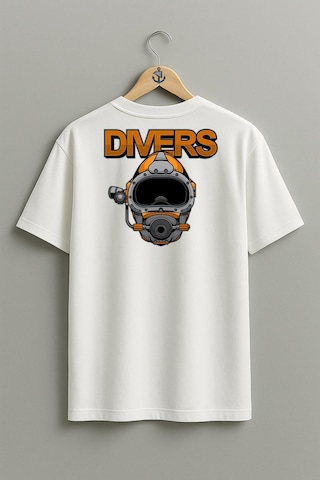 Oversize Divers Dalgıç Başlığı Cep Ve Sırt Tasarımlı Unisex T-shirt Beyaz