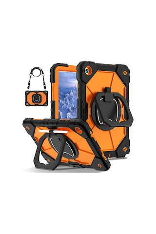 Neevoyu Samsung Tab A9 8.7" İçin Tam Kaplayan Silikon+pc Darbeye Dayanıklı Döner Ayaklı Korumalı Kılıf - Siyah Turuncu