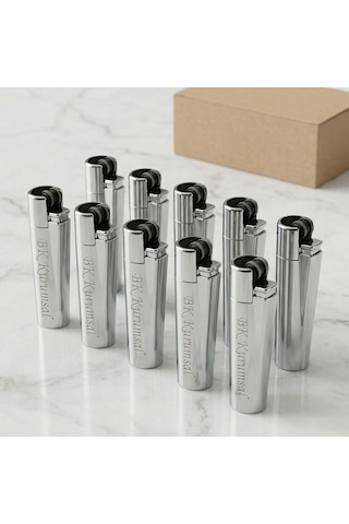 Bk Kurumsal Firma İsimli Silver Clipper Çakmak 10 Adet Metal Gövdeli Hediye Kutulu Gümüş