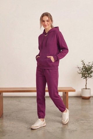 Moibody Kadın 3 İplik Şardonlu Eşofman Takımı Premium Kapüşonlu Sweatshirt Ve Jogger Alt Mürdüm Mürdüm