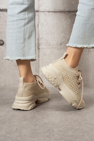 Shoetek Lorda Kadın Sneakers Bağcıklı Triko Dokumalı Spor Ayakkabı Bej Bej
