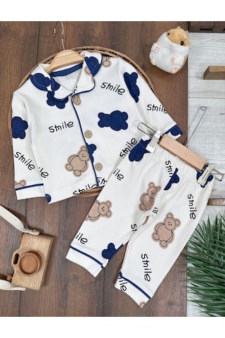 Kruvaze Yaka %100 Pamuk Smile Baskılı Relaxed Mevsimlik Pijama Takımı 4bb2 Beyaz