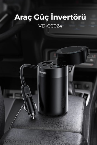Ven-dens Vd-cc024 200w Maksimum Toplam Çıkışlı Araç İnvertörü, 12 24v Giriş, 200 240v 150w Ac Priz, 12v Dc Çıkış, Usb Ve Type-c Hızlı Şarj, Dahili Type-c Kablo