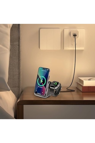 3-in-1 Kablosuz Şarj Standı, Telefon Saat, Ayarlanabilir Açılı, Led Işıklı, İphone İle Uyumlu-watch İle Uyumlu