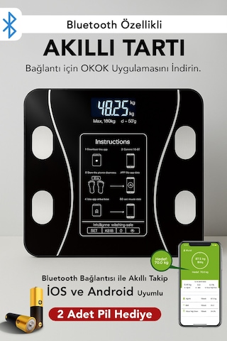 Dijital Bluetooth Baskül - Yağ Su Kas Vücut Kitle Endeksi Kilo Ölçer Tartı Vücut Analiz Cihazı Siyah
