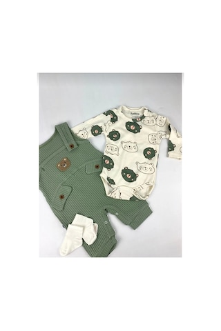 Uğur Bebe Ayı Desenli Erkek Bebek Tulum 3 Lü Tulum Seti Zıbın Tulum Çorap 3-6-9 Ay Bebek Kıyafeti Yeşil Renk Yeşil Yeşil