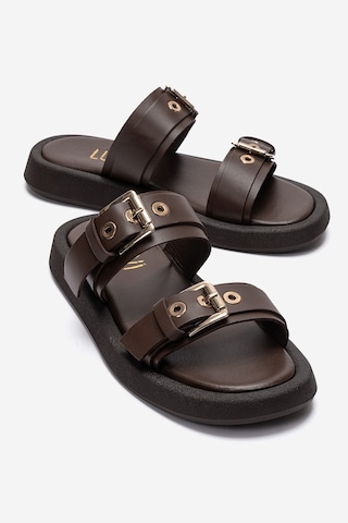 Luvishoes Dorel Kahverengi Hakiki Deri Tokalı Kadın Terlik