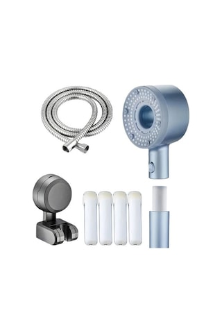 Fastbuy Challenger Yıldızlı Mavi 5 Ayarlı Deliksiz Vantuz Duş Başlığı + 8 Filtre Ve Paslanmaz Hortum