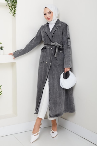 Hb Harma Time Butik Kadın Cepli Kuşaklı Denim Koyu Gri Trençkot