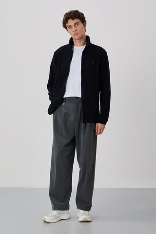 Tommy Life Siyah Yazı Nakışlı Dik Yaka Fermuarlı Standart Kalıp Erkek Sweatshirt Polar - 87992 Siyah