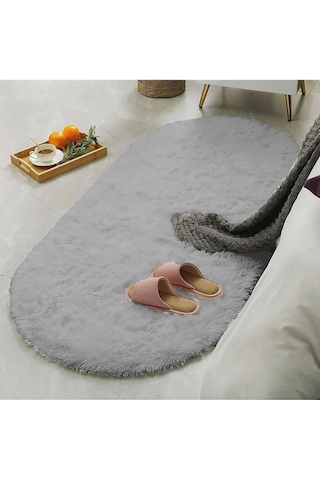 Raschel Carpet Oval Kesme Yolluk Kaymaz Taban Kalın Yumuşak Peluş Halı Özel Taban Açık Gri