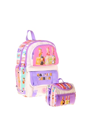 Kaukko Kids Cat Life Kız Çocuk Mor - Krem İlkokul Sırt Çantası Ve Beslenme Çanta Seti - Setkk-l5313b