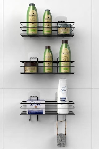 Siyah Yapışkanlı 3'lü Banyo Ve Mutfak Rafı 2 Adet Raf Ve Kancalı Raf Banyo Ve Mutfak Düzenleyici Siyah