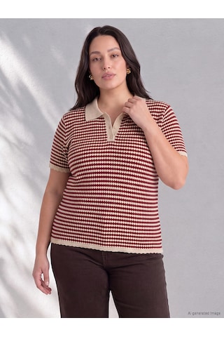 Lcw Curve Bordo Büyük Beden Polo Yaka Çizgili Kadın Triko Kazak