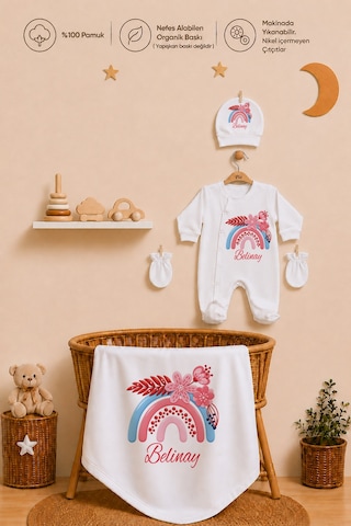 Pia Baby Kız Bebek Yeni Doğan Tulum Seti 4 Lü %100 Pamuk İsimli Organik Baskılı Battaniyeli 2029btyx Ekru