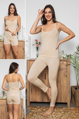 Myben Kadın Krem Renkli Dantel Detaylı Şortlu Ve Taytlı Pijama Takımı 3'lü Set 75014 Krem