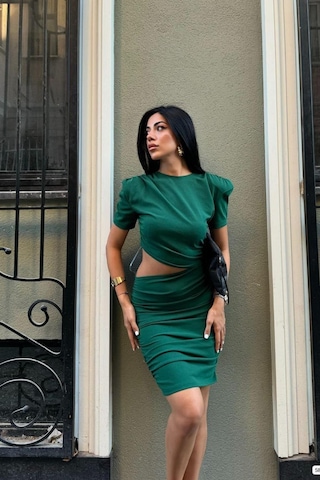 Emirela Scuba Krep Mini Elbise Zümrüt Yeşili