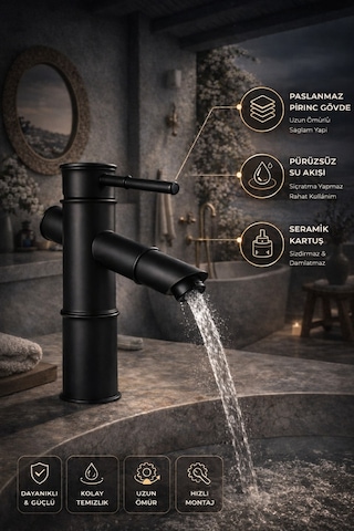 Viosa Lüx Premium Bambu Siyah Banyo Lavabo Musluğu Çeşmesi