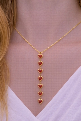 Kadın Gold Renk Zirkon Taşlı Kalpli Y Model Kolye 45 Cm Pembe