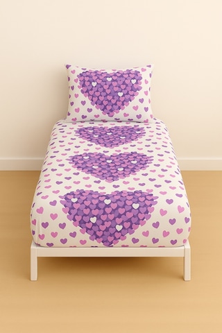 Desenli 120lik Mor Kalp Lastikli Çarşaf Ve Yastık Kılıfı Pembe