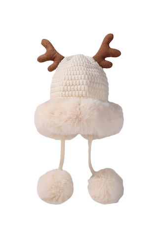 Kadınlar İçin Şık Noel Temalı Örgü Kulaklıklı Bere Renkli Boynuz Detaylı Sıcak Kış Şapkası Beyaz