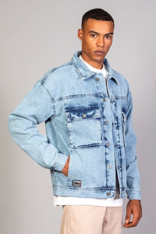 Erkek Buz Mavisi Körüklü Cep Oversize Kot Ceket Buz Mavi