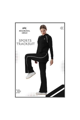 Kadın Spor Eşofman Takım İspanyol Paça Çift Cepli Alt &kapüşonlu Kanguru Cepli Üst Siyah Byz 3053 Siyah