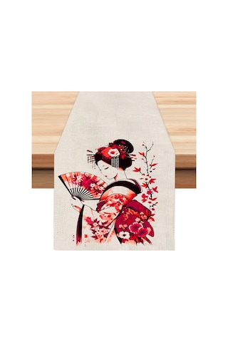 Çin Yelpazeli Kadın Runner, Runer, Masa Örtüsü, Sofranıza Zarafet Katın Runner, Masa Örtüsü Krem