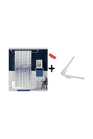 Banyo Perdesi 4961 Mavi 1x180x200, Perde Borusu Askı Aparatı Köşe Boru Beyaz Hediyeli, Duş Perdesi Seti Mavi