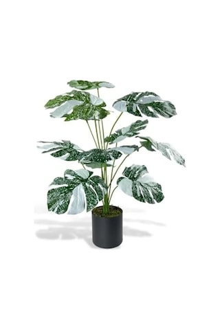 70 Cm Boyunda Yeşil Beyaz Yapay Monstera Saksı Bitkisi, 12 Dal 20beyazcipso