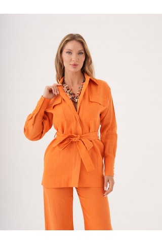 Kuşaklı Düz Form Keten Ceket Orange