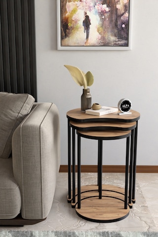 Modern Elma 3 Lü Zigon Sehpa Metal Ayaklı İç İçe Geçmeli Orta Sehpa Takımı Atlantik Çam