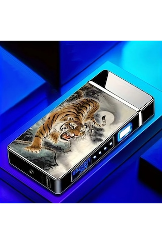 Techbloom Blue Eagle Kişiselleştirilebilir Led Ekranlı Rüzgar Geçirmez Çift Arklı Alevsiz Usb Şarjlı Elektrikli Çakmak Açık Gri